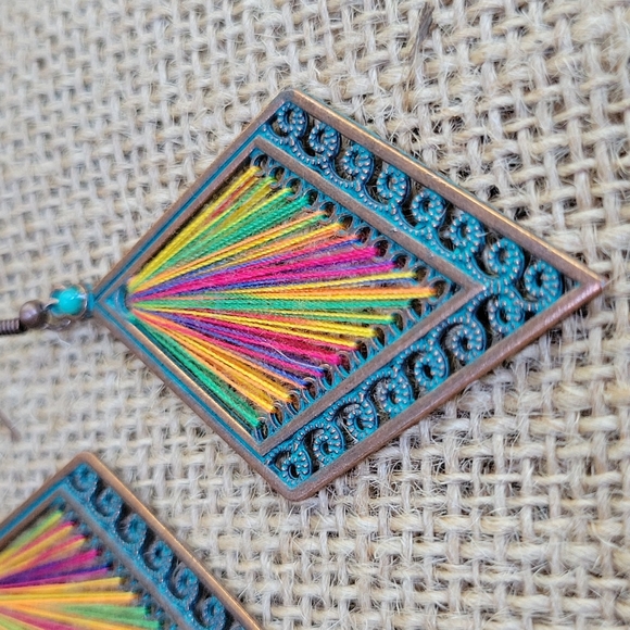 Verdigris turquoise inspired bohemian string art dangle earrings - Picture 2 of 3